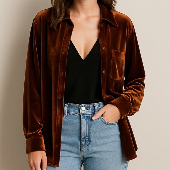 Casualaire Tops - Vintage 90s Velvet Button Down Shirt Brown Oversized Casualaire Size M